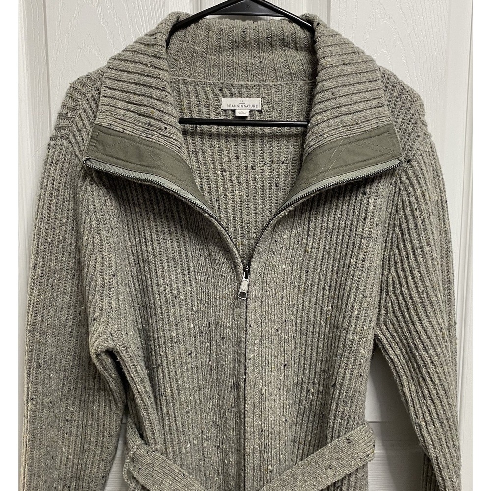 LL Bean Signature Women 100% Wool Cardigan Zip Up Sweater Belted Gray L-EUC - Picture 2 of 8